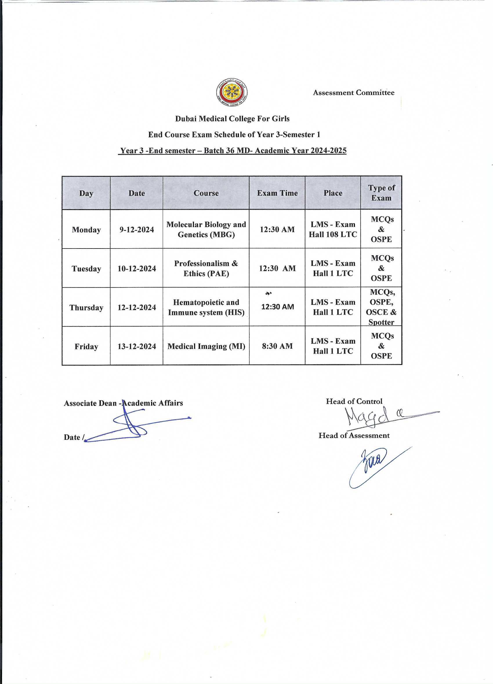 Examination Calendar