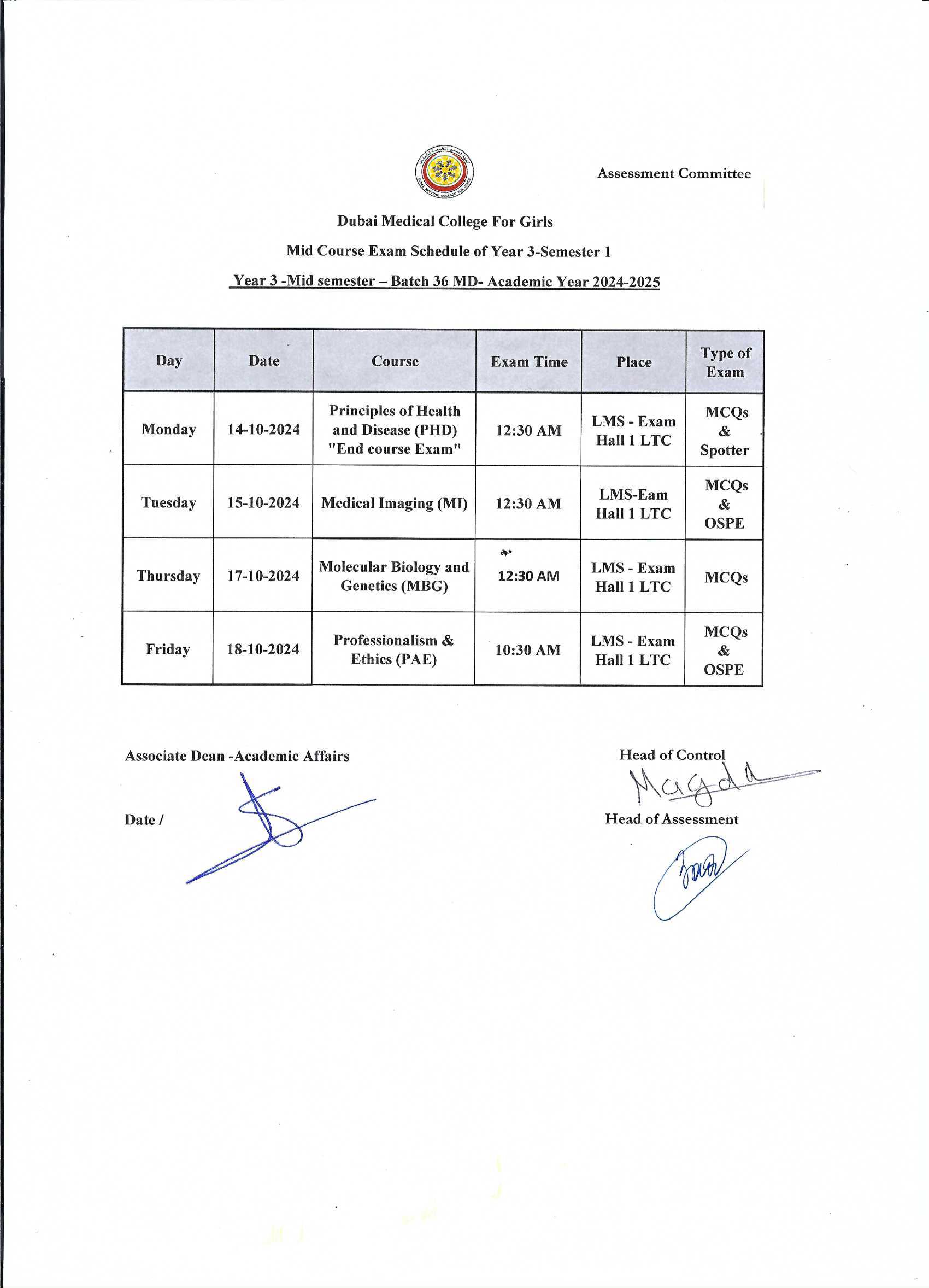 Examination Calendar