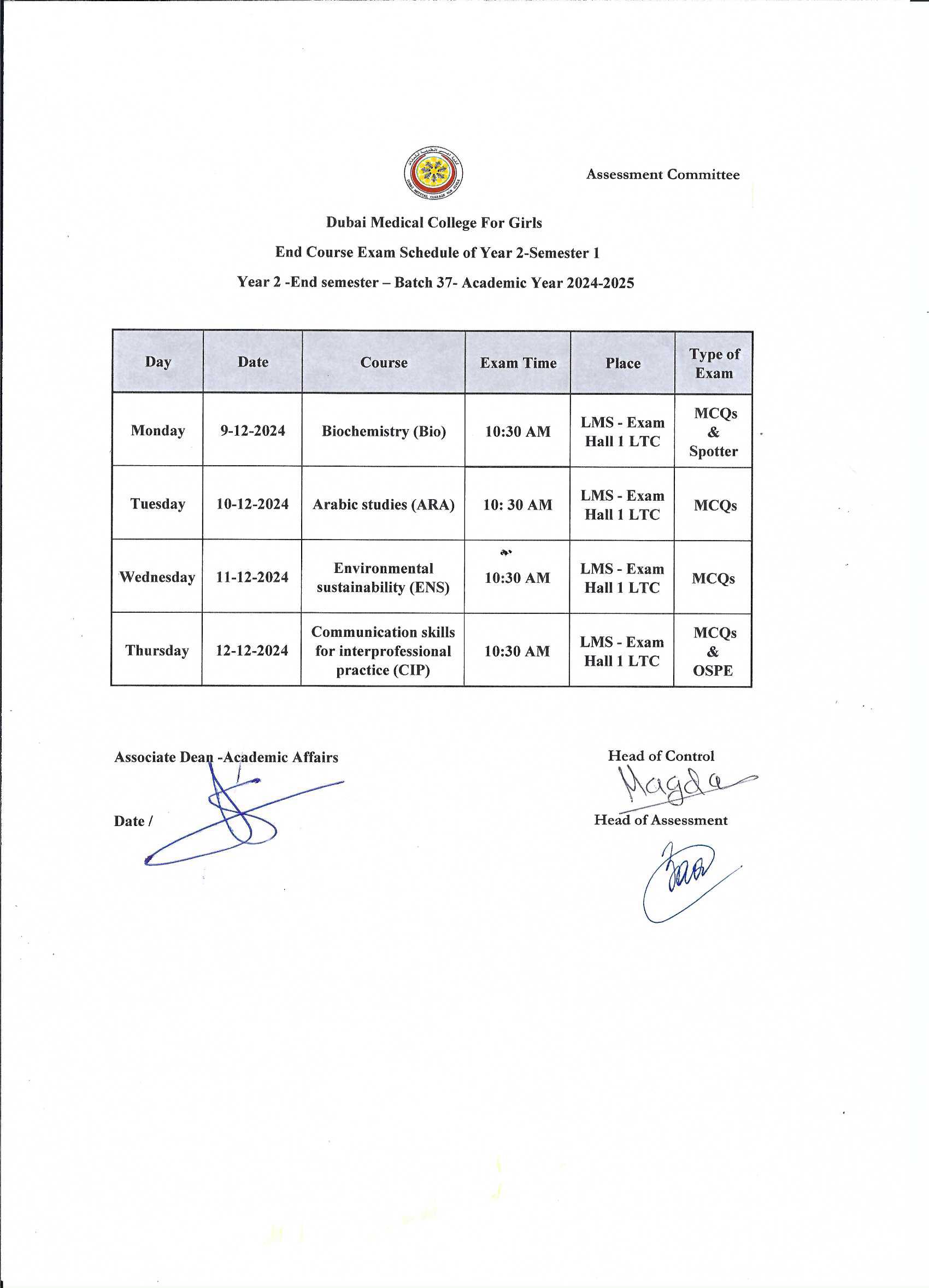 Examination Calendar
