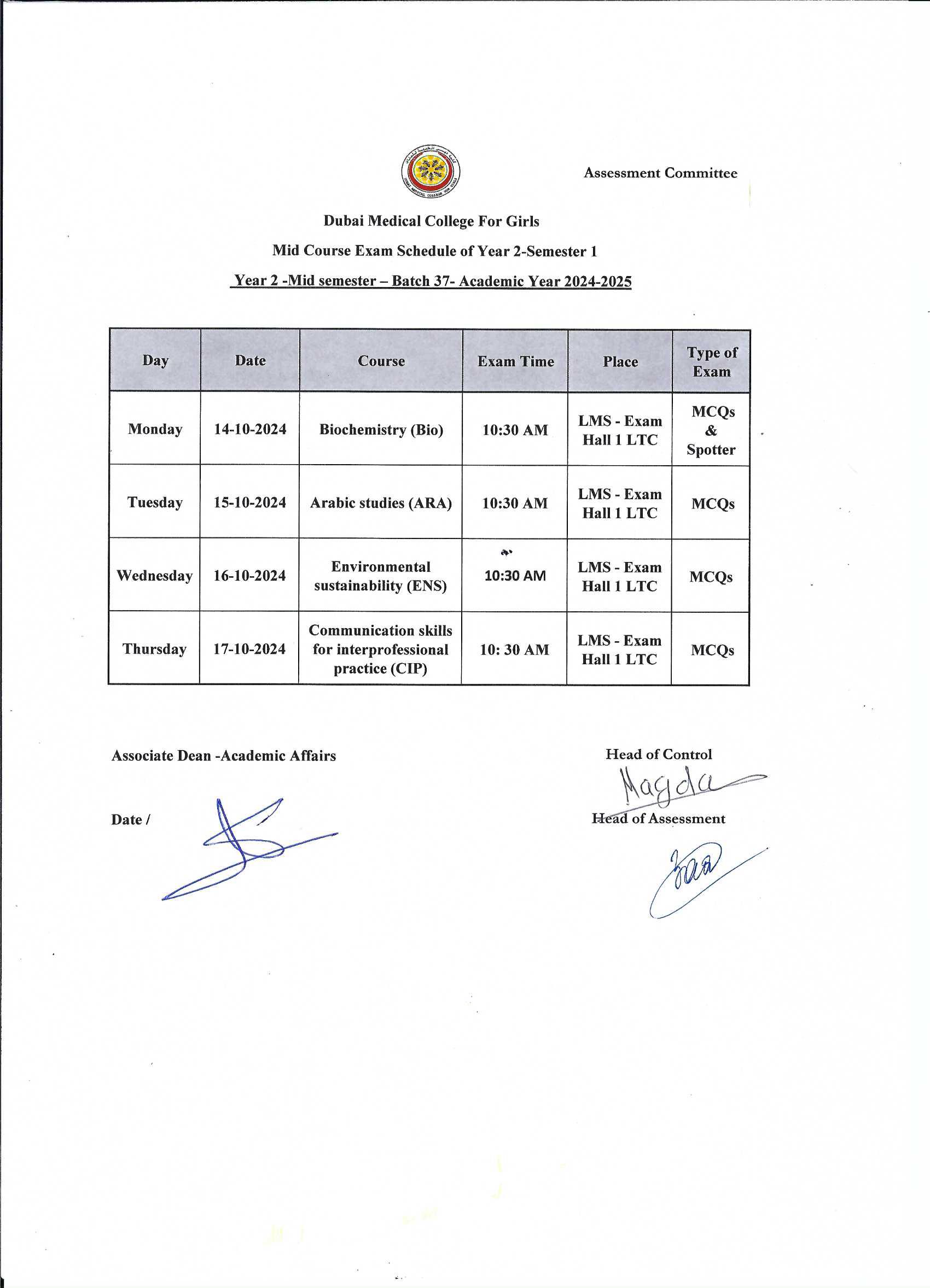 Examination Calendar