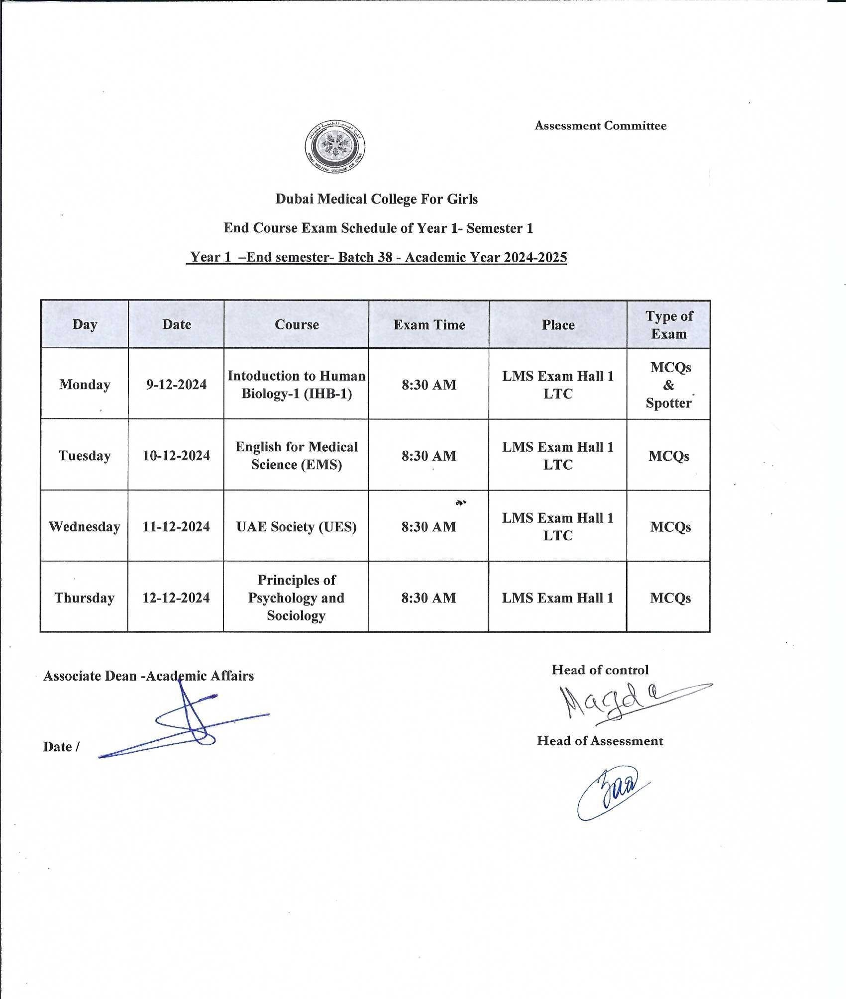 Examination Calendar