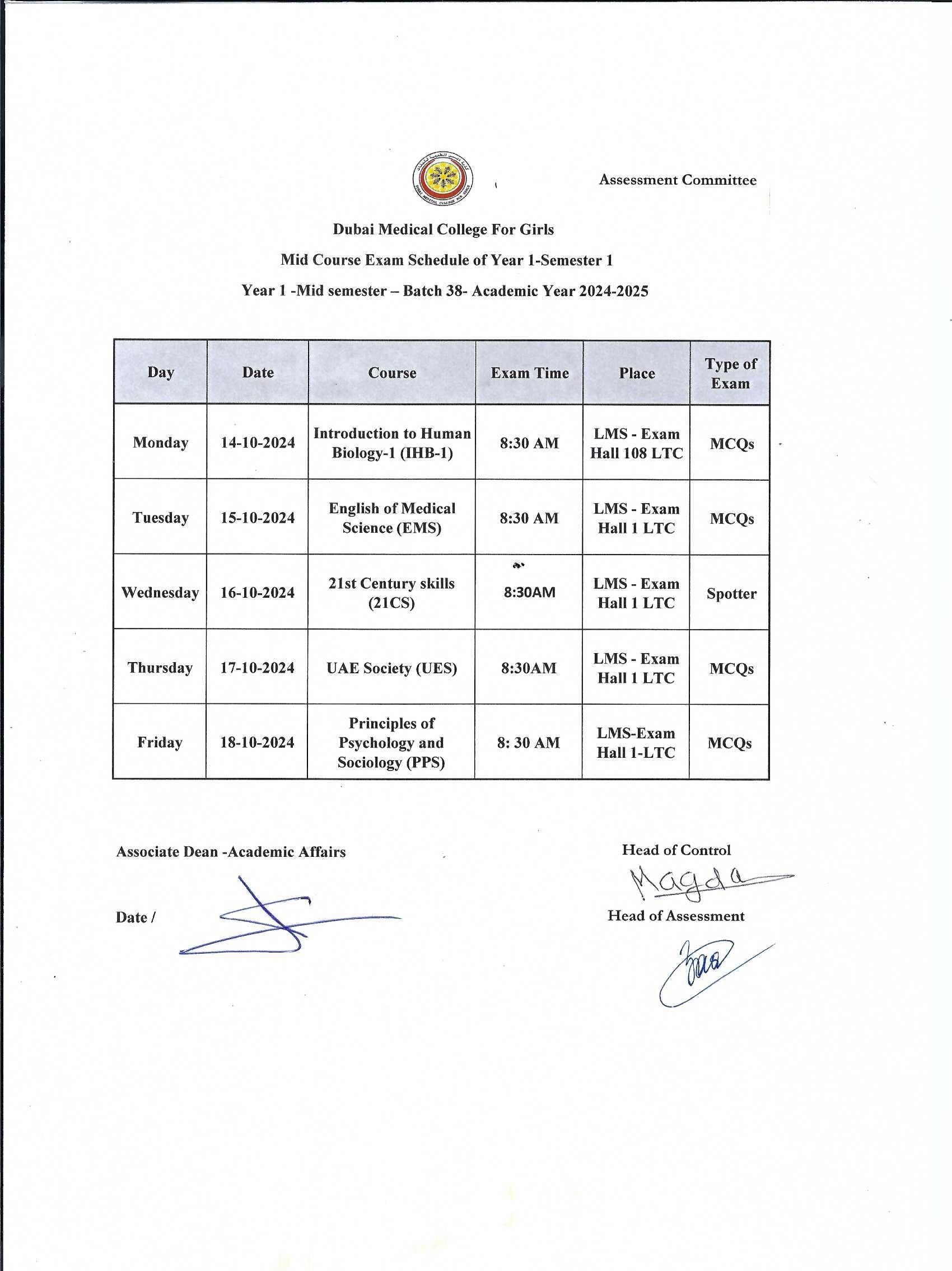 Examination Calendar