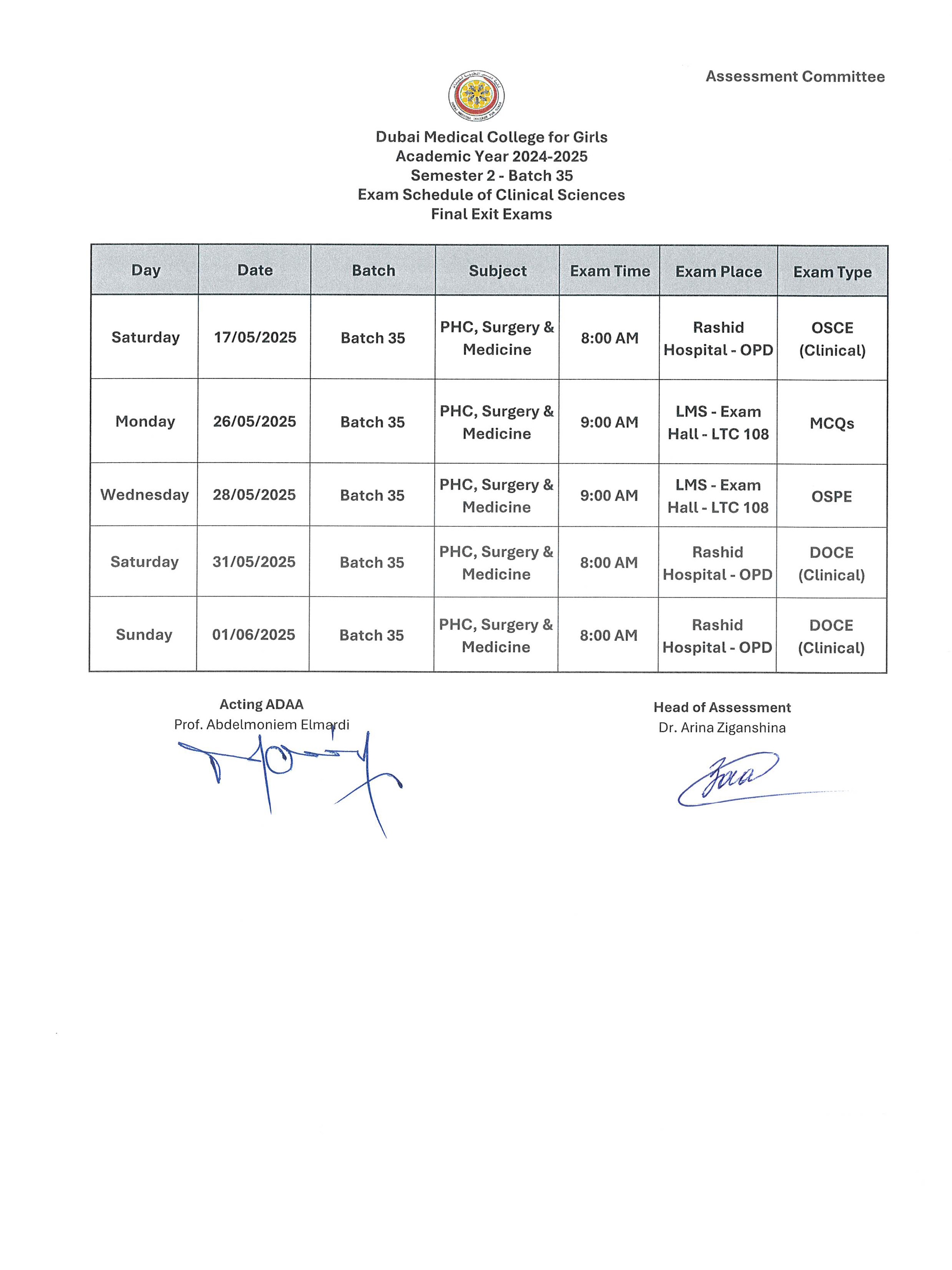Examination Calendar