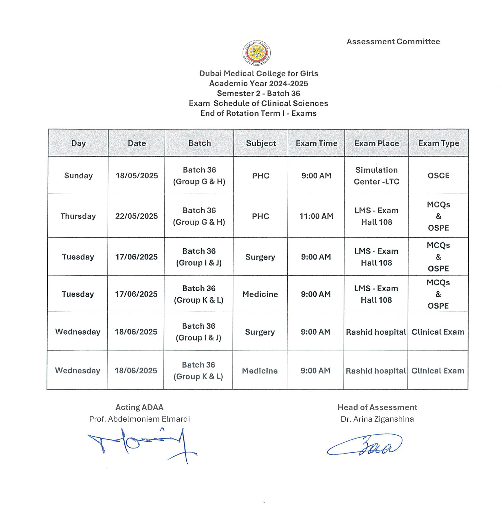 Examination Calendar
