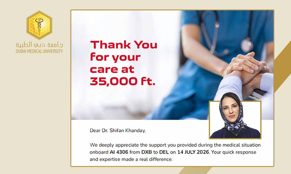 Dr. Shifan Khanday, Associate Dean for Research, College of Medicine, Dubai Medical University, recognised by Air India for providing medical assistance to a passenger onboard.